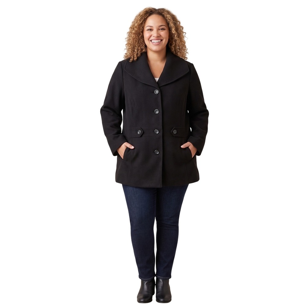 JM‎ Collection Woman Black Wool Blend Pea Coat Jacket Plus Size 2X Button Front